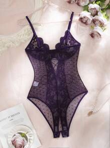 1pc Women's Lace & Mesh Splicing Sexy Lace Bodysuit, Lingerie Intimate Lingerie Erotic Bodysuit, Going Out - Purple - View 2