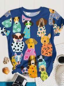 EMERY ROSE Plus Size Women's Cute Colorful Cartoon Dog Print Graphic Tees, Casual Summer - Multicolor - View 1