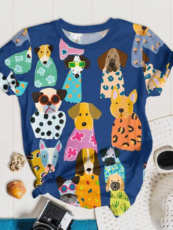 EMERY ROSE Plus Size Women's Cute Colorful Cartoon Dog Print Graphic Tees, Casual Summer