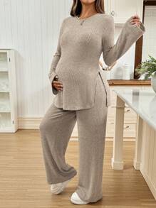 SHEIN 2pcs Maternity Casual Ribbed Long Sleeve Top & Pants Set Fall Clothes Long Sleeve Fall Clothes Maternity Two Pieces Set Knit Two Pieces Set Two Pieces Set Women Comfy 2 Pieces Lounge Sets Woman Maternity Clothes Two Pieces Suits Comfortable Two Pieces Set