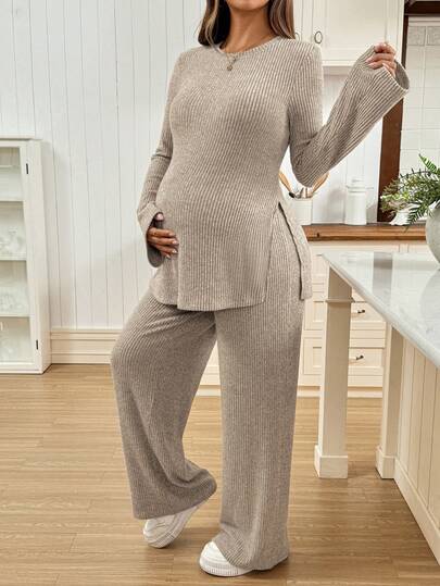SHEIN 2pcs Maternity Casual Ribbed Long Sleeve Top & Pants Set Fall Clothes Two Pieces Knit Women Comfy 2 Lounge Sets Woman Suits Comfortable