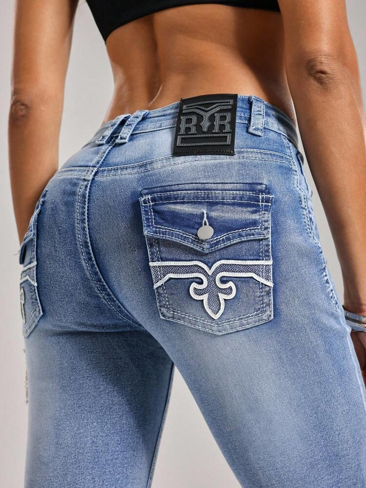 SHEIN Tall Women's Embroidered Contrast Color Flared Leg Pocket Casual Jeans - Blue - View 2