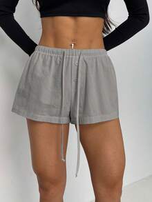 SHEIN PETITE Quần short lưng rút màu trơn đơn giản cho nữ - Màu xám đen - Xem 9