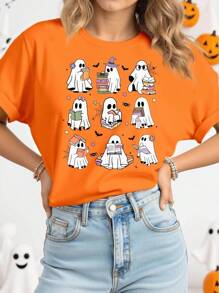 女式简约时尚休闲创意网格书形鬼魂图案印花圆领短袖 T 恤，万圣节 - 卡其色 - 查看 3