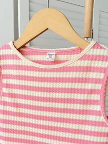 SHEIN 青少年女孩休闲基本款纹理针织无袖上衣和短裤套装 - 粉色 - 查看 6