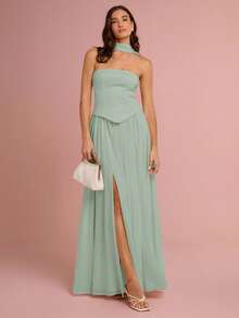 Enchnt Váy Bandeau nhún bèo xẻ cao thời trang nữ lãng mạn thường ngày - Màu xanh Bạc hà - Xem 3