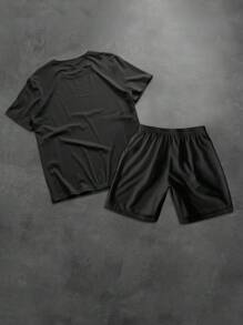 Manfinity Homme 2 件男士休闲宽松短袖 T 恤和抽绳短裤套装 - 黑色 - 查看 3