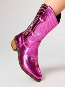 ROMWE Fairycore 2025年新款时尚刺绣亮片拼接女士圆头中筒靴V型开口长筒马靴粗跟修身百搭PU高筒靴女 - 紫色 - 查看 3