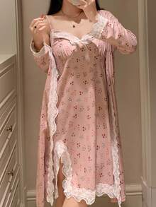 DAZY 2pcs Women Ditsy Floral Lace Patchwork Camisole Dress & Robe Sleepwear Set, Fall Clothes Pajama - Baby Pink - View 6