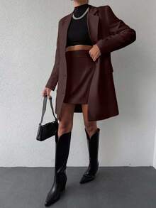 EURMUSE Women's Casual Solid Color Double-Breasted Suit Set - Brown - View 3