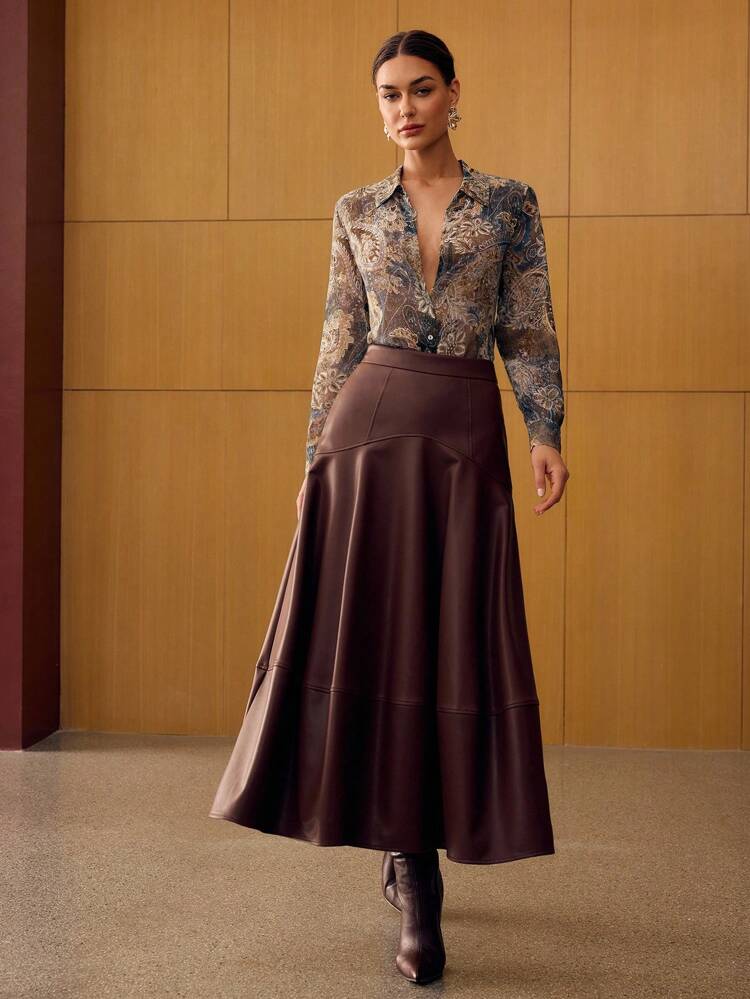 Falda A-line con cremallera de piel sintética