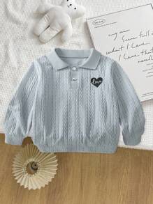 Genkimix Kids Young Girl Casual Long Sleeve Textured Fabric Embroidered Heart Polo Neck Sweatshirt - Grey - View 6