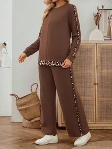 EMERY ROSE 女士休闲豹纹拼布卫衣和裤子两件套，秋冬两件套女士棕色两件套女士豹纹两件套两件套休闲套装女士女士棕色休闲套装 - 巧克力棕 - 查看 6