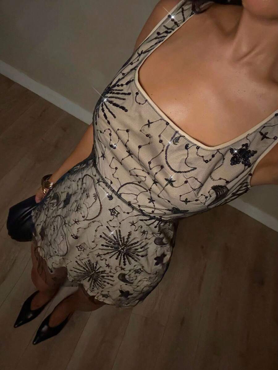 Glamine 女士优雅亮片刺绣网眼迷你连衣裙，夏季 - 黑色 - 查看 1