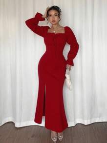 Rafferiza Váy dài tay xẻ eo cao tay sen màu hồng thanh lịch, phù hợp cho nữ, váy ngày lễ tình nhân - Đỏ - Xem 5