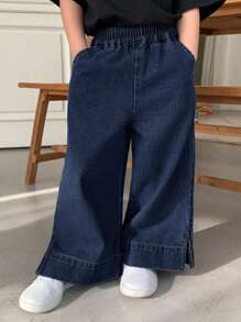 Dazy Kids سروال جينز غير رسمي للفتيات بخصر مرن وجيب وشق جانبي من لون سادة - أزرق داكن - مشاهدة 2