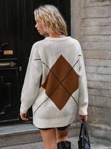 EURMUSE Women's Geometric Pattern Round Neck Drop Shoulder Long Sleeve Loose Casual Sweater,Jumper,Cream Jumper,Jumpers,Black Jumper,Womens Jumper,White Jumper,Women's Jumper,Women's Jumpers,Winter Clothes - Beige - View 2