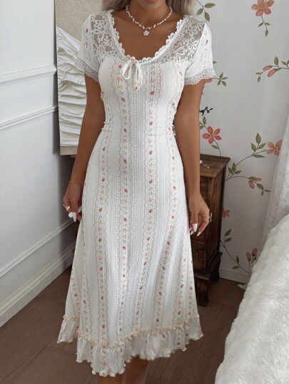 CottageSlumber Romantic-Flora Elegant Short Sleeve Nightgown With Semi-Sheer Sweetheart Neckline And Feminine Floral Design Vintage Nightgown Floral Nightgown Lace Nightgown Nightgown Long Nightgown  Cozy And Elegant Details