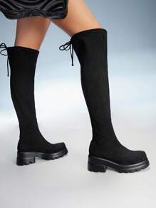 CUCCOO GRLICON Women's Round Toe Platform Thick Sole Black Suede Slip-On Boots, Fashionable Minimalist Comfortable For Daily Wear And Party - Black - View 2