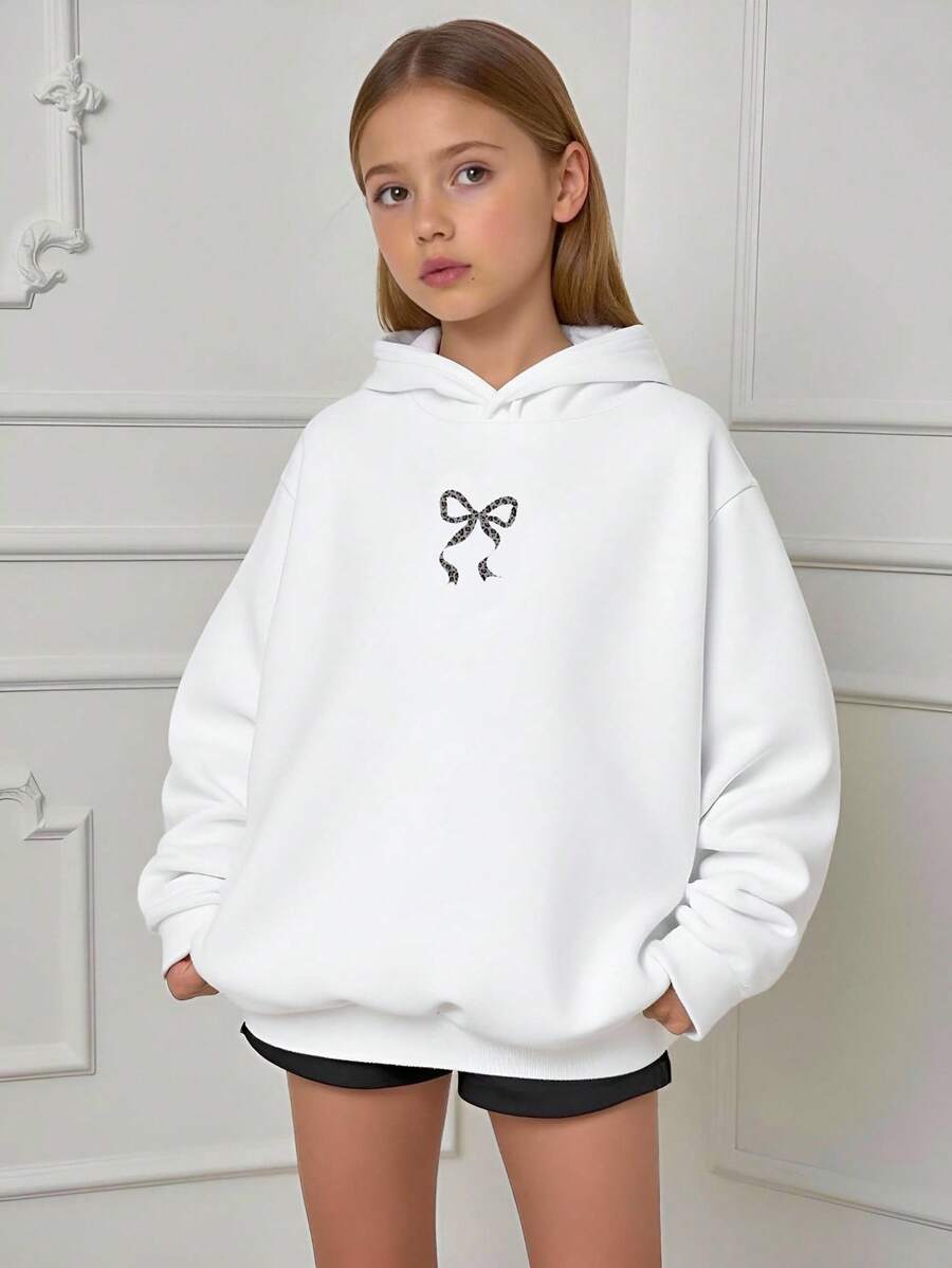 Tonårsflicka Leopardmönstrad Rosett Grafisk Sweatshirt, Vit Bas, Höst - Vitt - Visa 1