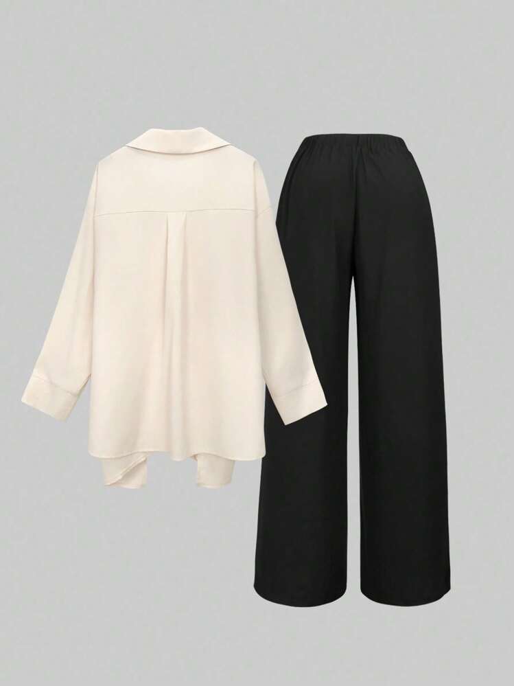 SHEIN LUNE 2 Pieces Plus Size Solid Color Long Sleeve Drawstring Minimalist Top And Pants Set - Black - View 2