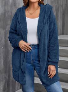 SHEIN LUNE 女款加大码休闲纯色前拉链连帽抓绒外套，泰迪熊连帽设计，适合秋季和冬季穿着，蓝色。 - 水鴨藍 - 查看 6