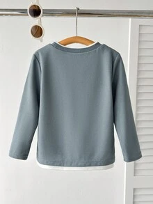 SHEIN Genkimix Kids Áo thun phối màu cho bé trai, thoải mái, phong cách thường ngày, đa năng, phù hợp cho đường phố, thể thao, hoạt động ngoài trời, và đi học vào mùa thu/đông. - Màu xanh bụi bặm - Xem 2