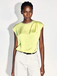 Maija 女士优雅通勤水钻装饰盖袖衬衫，夏季 - 黃色 - 查看 7