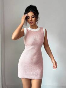 SHEIN Raffinéa 撞色修身圆领无袖毛衣裙 - 粉色 - 查看 6