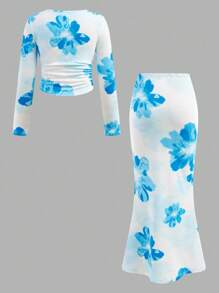 SHEIN 青少年女孩蓝色休闲花卉印花长袖锁眼腰部褶饰紧身连衣裙（含短裙）两件套 - 藍色 - 查看 2