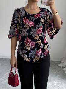 Elenzga 女式花卉印花宽松休闲短袖衬衫 - 彩色 - 查看 3