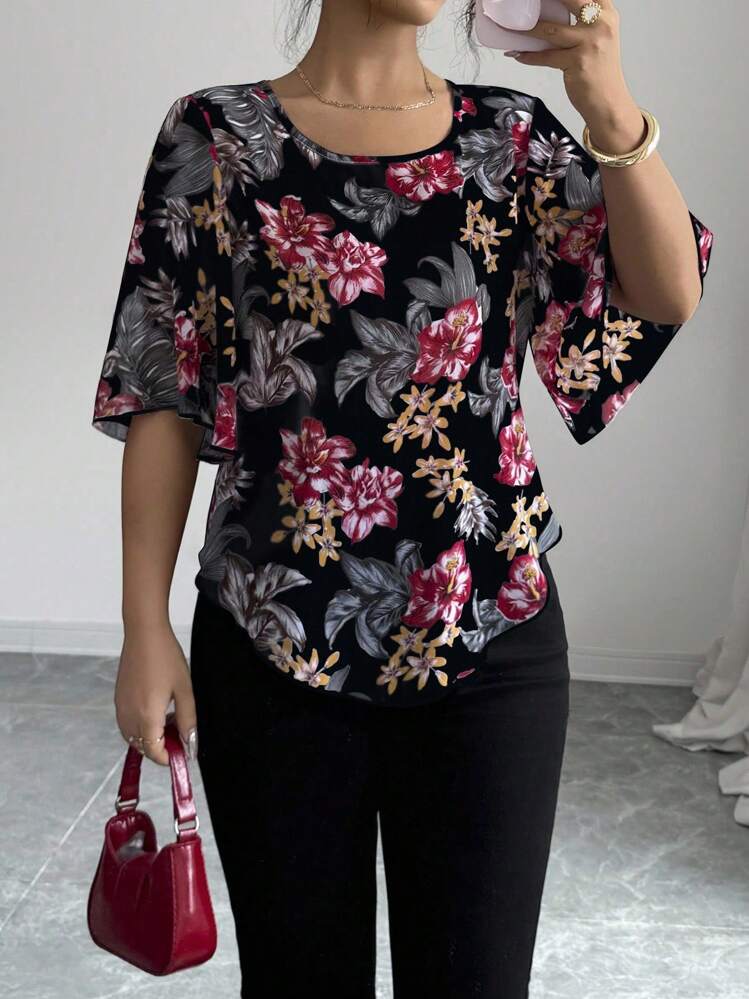 Elenzga 女式花卉印花宽松休闲短袖衬衫 - 彩色 - 查看 3