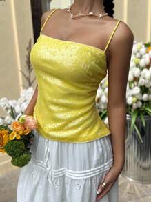SHEIN EZwear 女士夏季性感黄色亮片露背吊带背心 - 黃色 - 查看 3