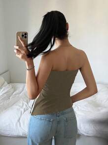 SHEIN EZwear 女士休闲纯色罗纹褶皱侧开叉抹胸咖啡棕色上衣露肩上衣巧克力棕色上衣 - 棕色 - 查看 2