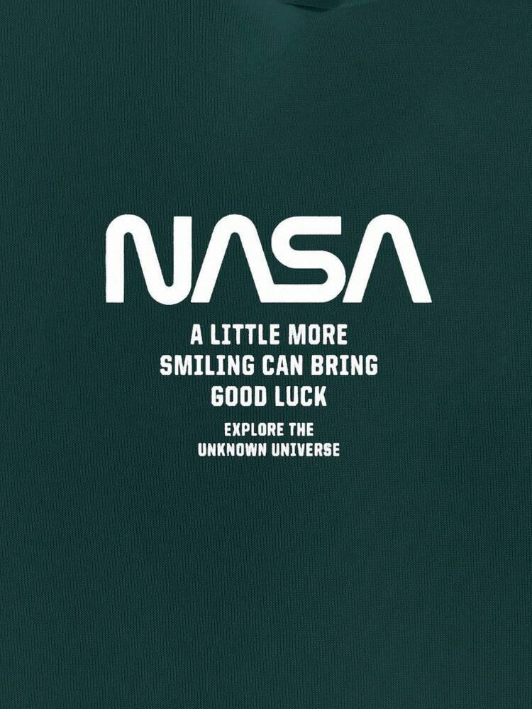 EURMUSE Men's Slogan Print Long Sleeve Drawstring Hooded Casual Sweatshirt - Dark Green - View 4