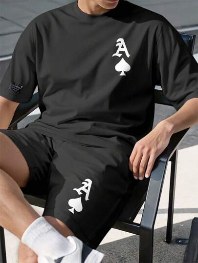 Manfinity Homme 2 件男士休闲宽松短袖 T 恤和抽绳短裤套装