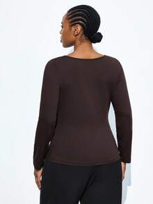 Maija Camiseta de manga larga de base de color café con cuello asimétrico para mujer de talla grande, blusa de punto para otoño, fiesta de Navidad, Acción de Gracias