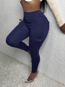 EURMUSE Women's Solid Color Casual Pants - Navy Blue - View 4