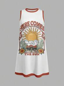 SHEIN EZwear Casual Printed Sleeveless Beach Jumpsuit Dress, Summer New Loose Minimalist Color Block Tank Top Shirt Dress For Women,Casual Dresses For Women Chic Dress