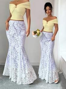 Elenzga New Elegant White Lace Skirt, High-Waist Slim-Fit A-Line Mermaid Hem Design, Sophisticated Style, Spring/Summer