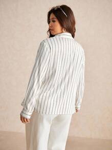 Elaquor 加大码插肩袖条纹时尚百搭女式衬衫，秋季女装条纹衬衫纽扣衬衫女式条纹上衣加大码条纹衬衫条纹衬衫 - 彩色 - 查看 2