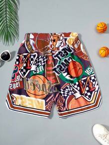 Pantaloni scurți sport cu imprimeu de baschet din plasă pentru adolescenți