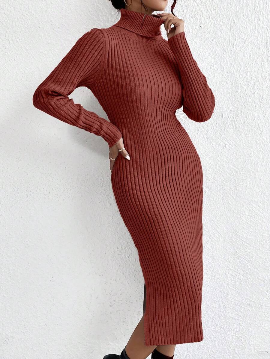 EURMUSE Vestido de punto ajustado de cuello alto de unicolor de otoño/invierno - Marrón - Ver 1