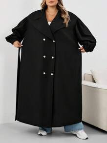 SHEIN CURVE+ Plus Size Women's Black Long Windbreaker, Black Long Sleeve Minimalist Casual Everyday Jacket Plus Size Trench Coat 8xl Women Coat Curve Trench Coat Plus Size Fall Coat,Fall Clothes For Womenfall Clothes For Women,Winter,CURVE PLUS Autumn - Black - View 8