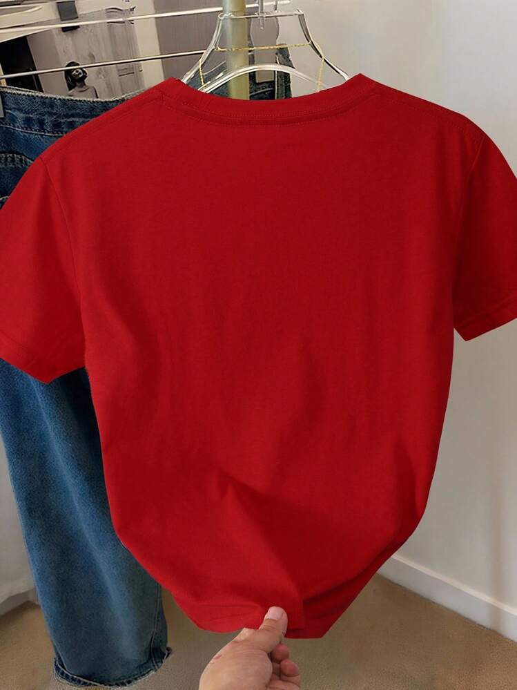 Franclia 女士休闲亮片蝴蝶图案圆领短袖T恤，夏季 - 紅色 - 查看 2