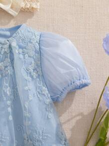 Souflis Souflis Baby Girls' Princess Style Beige Embroidered Mesh Puff Sleeve Dress, Suitable For Birthday Party, Evening Party, Daily Wear, Spring/Summer - Blue - View 6