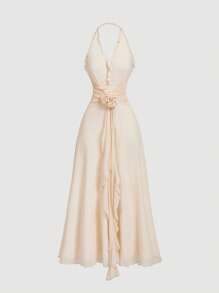 SHEIN MOD Women's Apricot Color Mesh Ruffle Floral Print Dress, Summer Halter Neck Dress,Graduation Dresses - Apricot - View 1