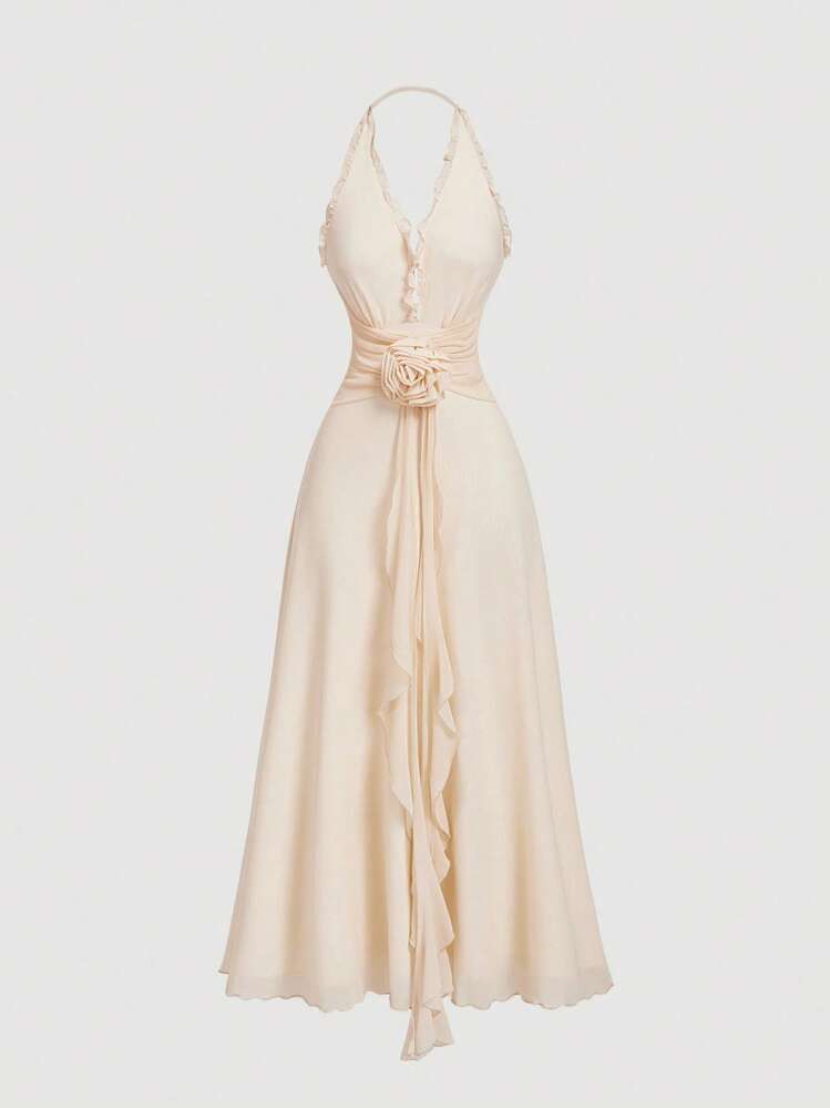 SHEIN MOD Vestido de mujer color albaricoque con estampado floral de volantes de malla, vestido halter de primavera - Albaricoque - Añade 1