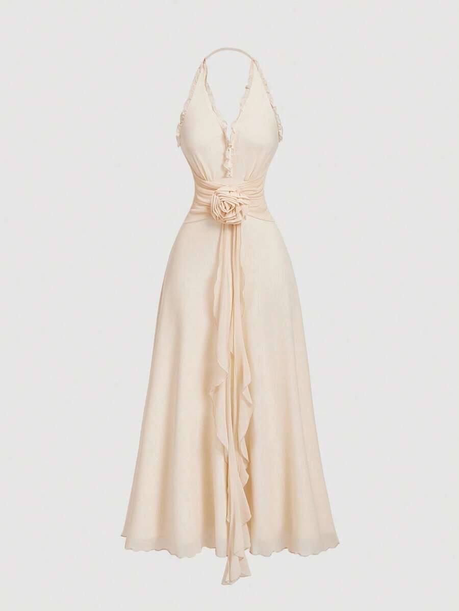 SHEIN MOD Women's Apricot Color Mesh Ruffle Floral Print Dress, Summer Halter Neck Dress,Graduation Dresses - Apricot - View 1