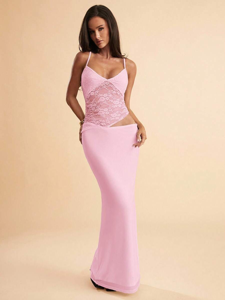 SHEIN BAE 夏季海滩度假纯黑色蕾丝性感透视吊带长裙，适合日常约会、夜间外出、夜总会、派对、聚会、鸡尾酒会、泳池派对、返校季服装、学校季连衣裙、节日连衣裙女士连衣裙 - 淺粉色 - 查看 1